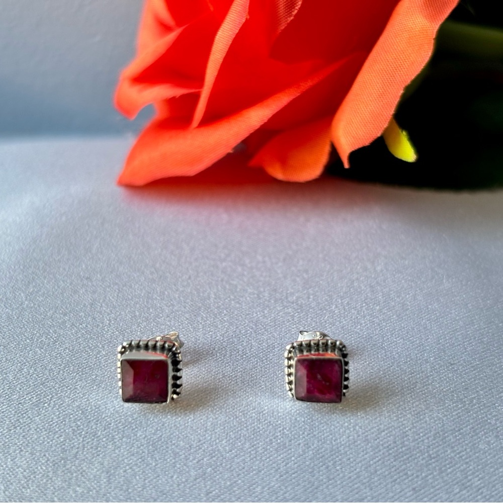 Sterling Silver Natural Ruby Bezel Set Earrings - image 4